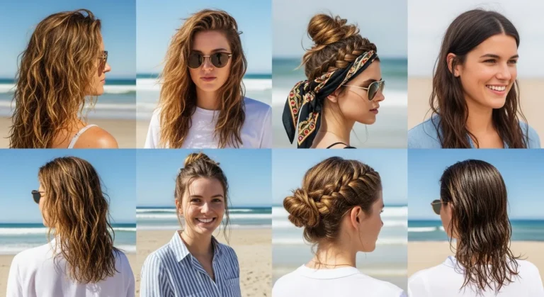 Collage of popular beach hairstyles 2025: textured waves, messy buns, braided crowns, and wet-look styles on sunny beach.