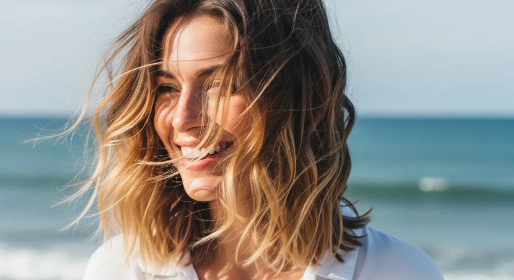 Beach Hairstyles 2025: Effortless Looks That Celebrate Coastal Beauty 1 Woman with sun-kissed textured waves and balayage highlights at the beach.