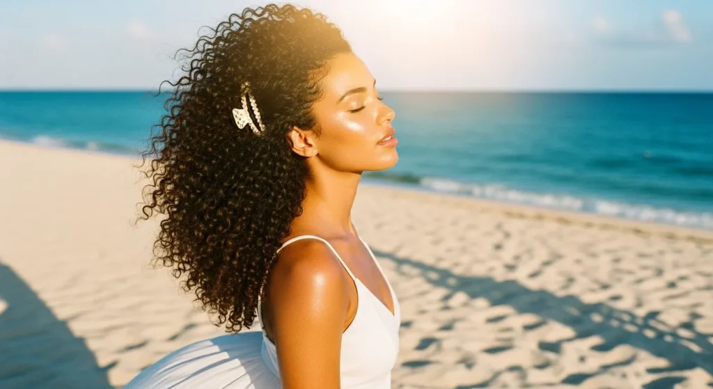Beach Hairstyles 2025: Effortless Looks That Celebrate Coastal Beauty 11 Natural curly hairstyle with shell clip, embracing texture for beach hairstyles 2025.