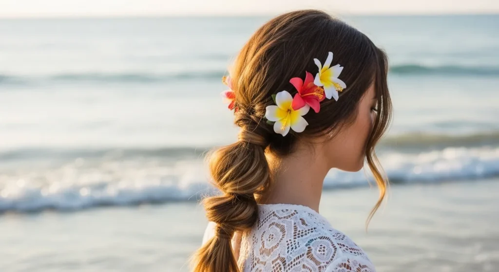 Beach Hairstyles 2025: Effortless Looks That Celebrate Coastal Beauty 6 Classic low ponytail with hair wrap and tropical flower barrettes for beach 2025.