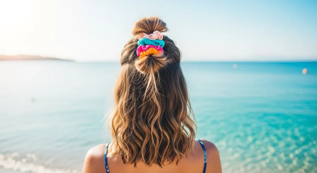 Beach Hairstyles 2025: Effortless Looks That Celebrate Coastal Beauty 5 Half-up top knot with colorful scrunchie, perfect for beach hairstyles 2025.