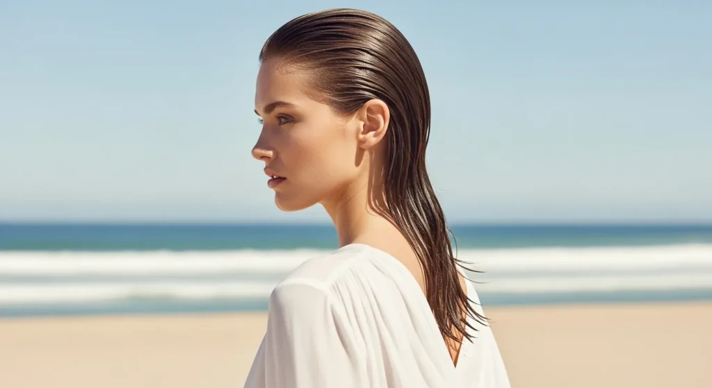 Beach Hairstyles 2025: Effortless Looks That Celebrate Coastal Beauty 7 Wet-look slicked back hairstyle with high shine for glamorous beach style 2025.