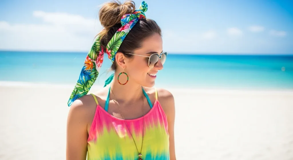 Beach Hairstyles 2025: Effortless Looks That Celebrate Coastal Beauty 3 Effortless messy bun with tropical scarf accessory for beach hairstyles 2025.