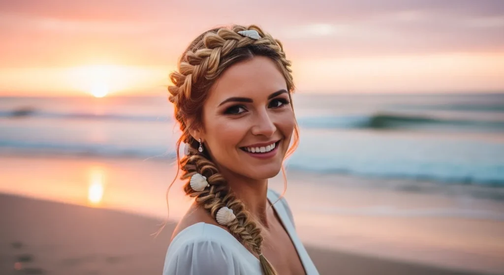 Beach Hairstyles 2025: Effortless Looks That Celebrate Coastal Beauty 4 Braided crown hairstyle with seashell accessories for a boho beach look in 2025.