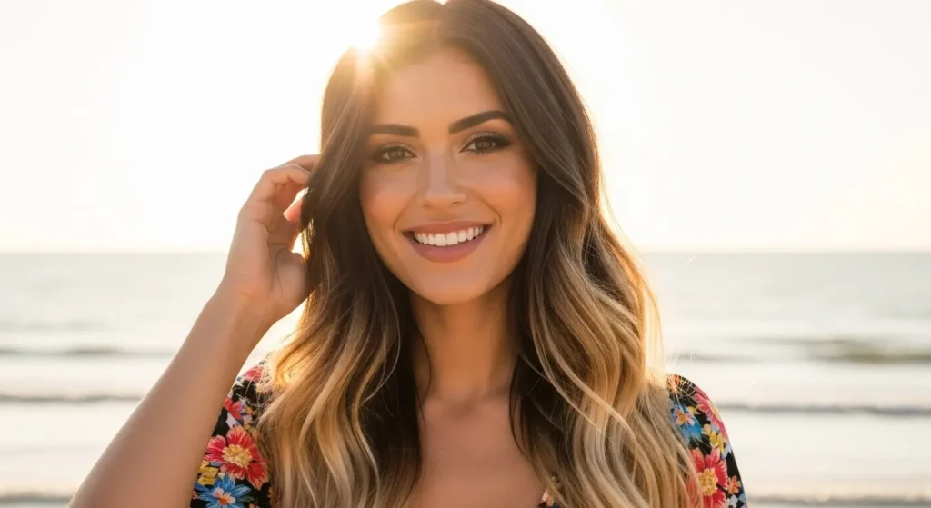 Top Brunette to Blonde Ombre Hair Color Ideas for a Stunning Summer 2025 Glow-Up 1 Brunette woman with beachy blonde ombre hair standing in sunlight — summer 2025 hair trend