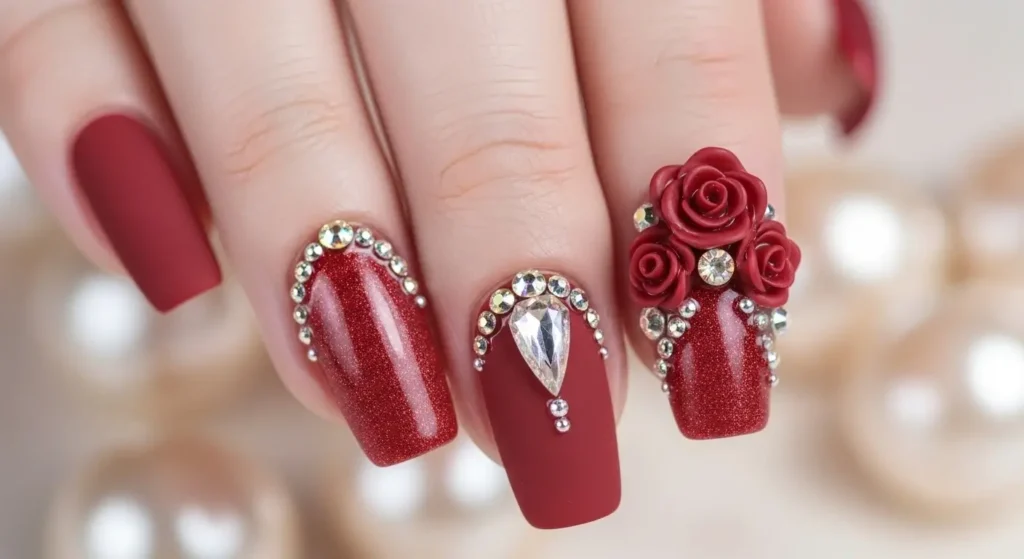 Trending Red Nail Designs for Summer 2025: Bold, Bright & Beautiful 12 3D red nail embellishments with beads and sculpted roses — textured manicure.