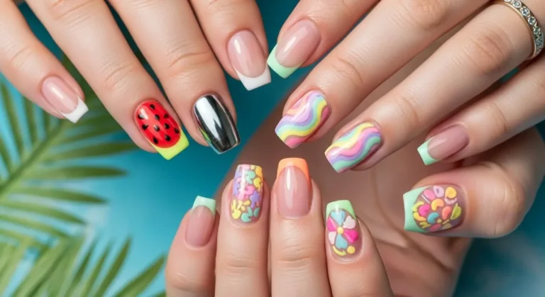 Variety of trendy summer nail art designs 2025 on hands — vibrant and bold manicure inspiration.