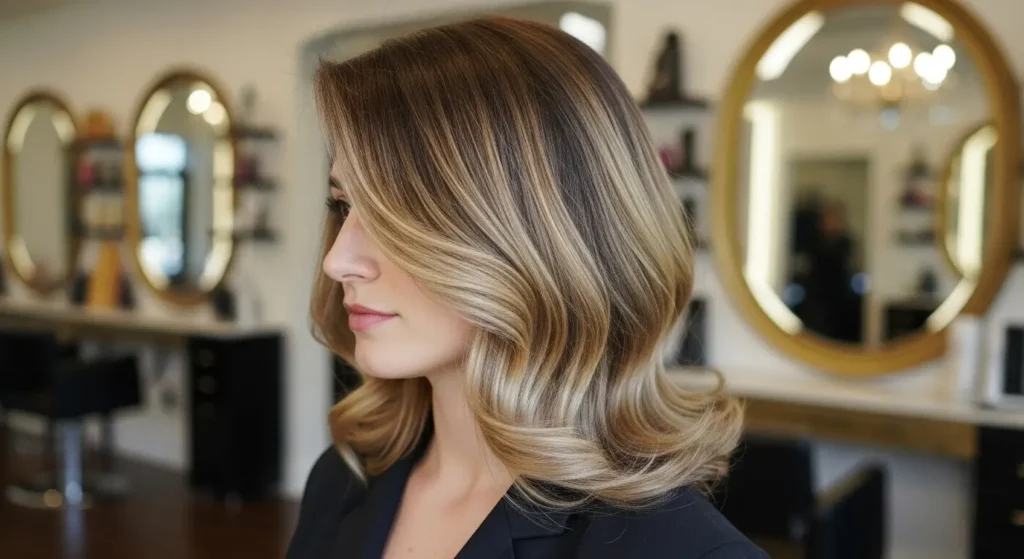 Top Brunette to Blonde Ombre Hair Color Ideas for a Stunning Summer 2025 Glow-Up 4 Chestnut to champagne blonde ombre on brunette woman — rich and elegant hair transformation.