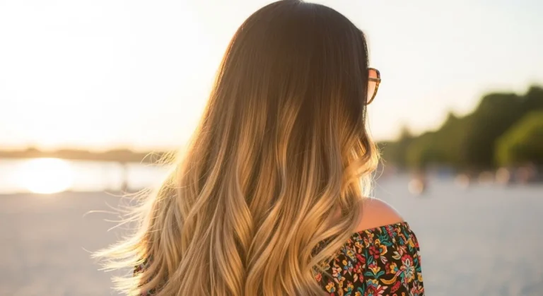 Brunette woman with ombre hair fading into blonde, styled in soft beach waves, standing in summer sunlight with a warm, golden glow—perfect representation of trending 2025 brunette-to-blonde ombre styles.