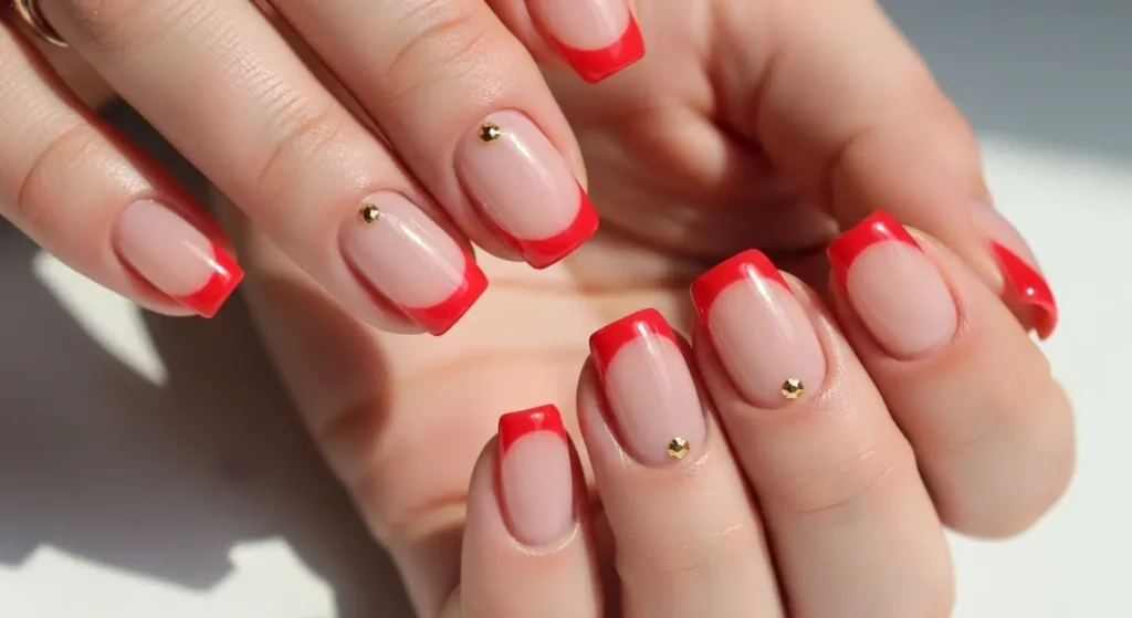 Trending Red Nail Designs for Summer 2025: Bold, Bright & Beautiful 3 Strawberry French tip nails with gold accents — fresh and fun summer nail art.