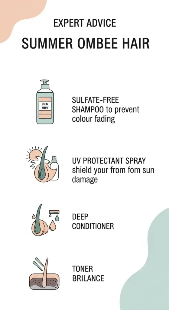Top Brunette to Blonde Ombre Hair Color Ideas for a Stunning Summer 2025 Glow-Up 8 Hair care infographic for maintaining ombre color in summer — product and tip visuals.