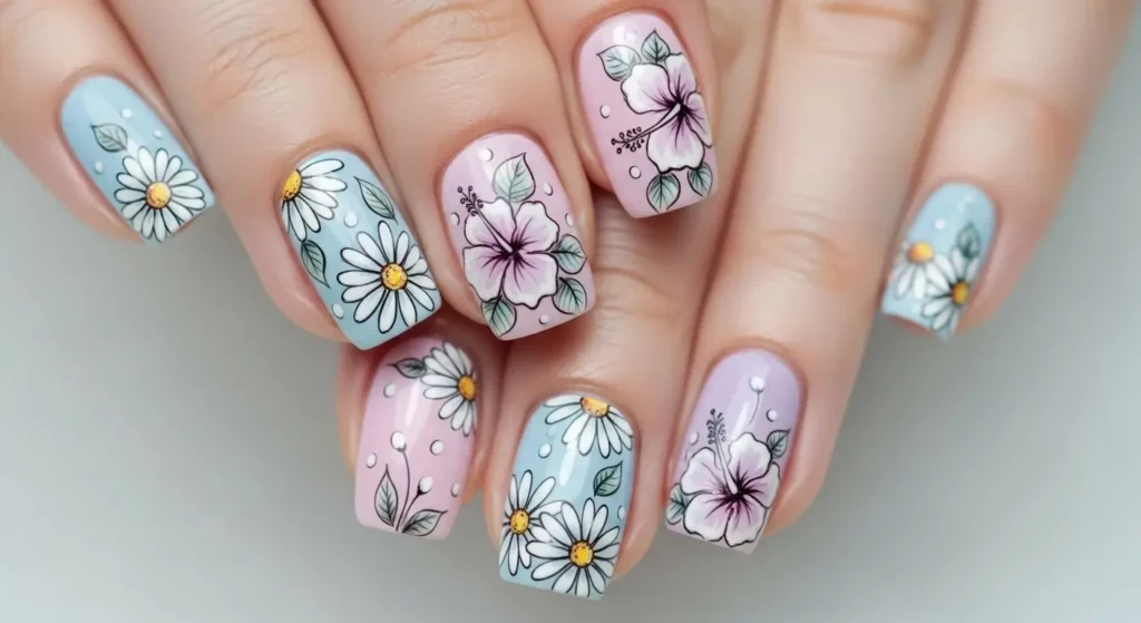 Summer Nail Art Ideas 2025: Bright and Bold Designs You’ll Want to Try This Season 6 Floral doodle nail art on pastel nails — hand-drawn sketchy summer flowers.