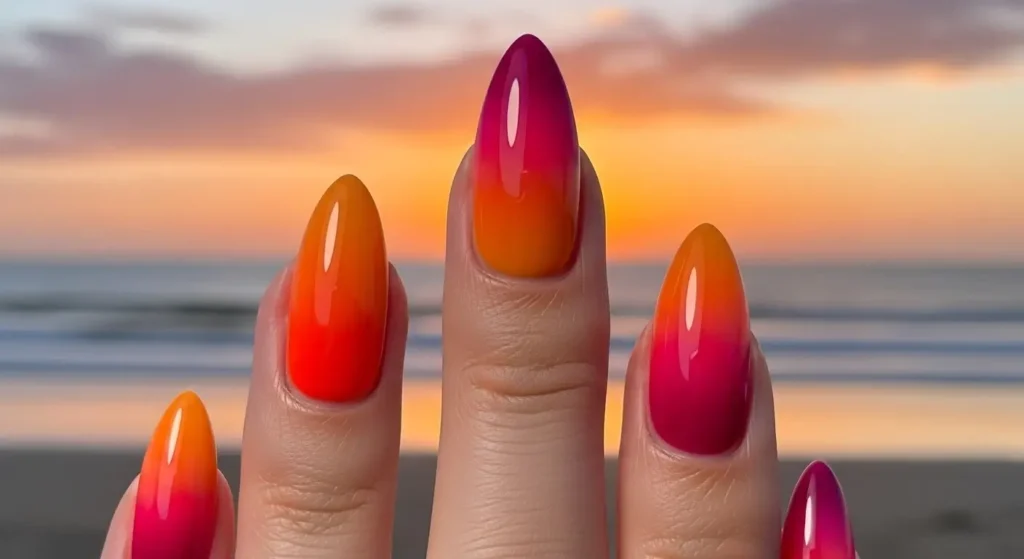 Summer Nail Art Ideas 2025: Bright and Bold Designs You’ll Want to Try This Season 2 Tropical sunset ombre nails with orange to pink fade — summer vacation nail idea.