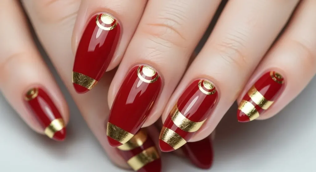 Trending Red Nail Designs for Summer 2025: Bold, Bright & Beautiful 8 Glossy red nails with gold foil accents — elegant and glamorous manicure.