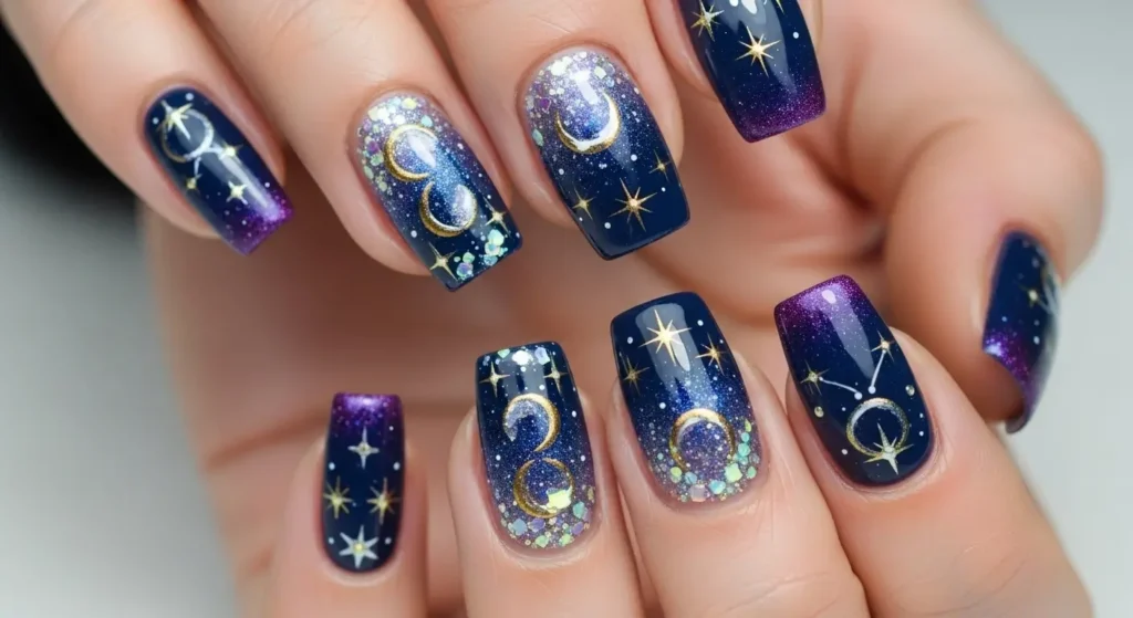 Summer Nail Art Ideas 2025: Bright and Bold Designs You’ll Want to Try This Season 8 Starry sky nail art with constellations and glitter on dark base.
