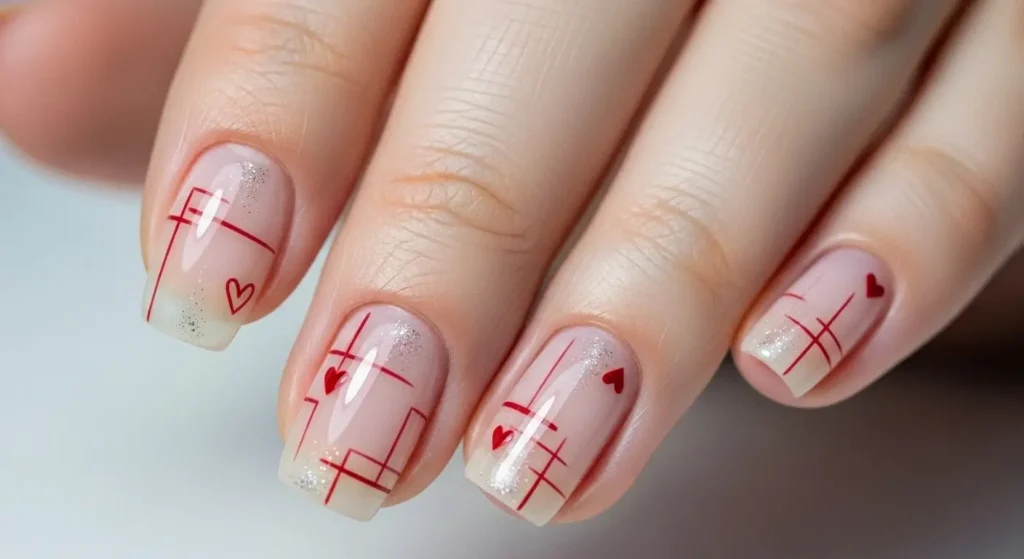Trending Red Nail Designs for Summer 2025: Bold, Bright & Beautiful 10 Minimal red line art nails on nude base — stylish and understated manicure.