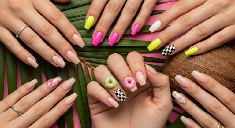 Flat lay of hands featuring summer 2025 nail trends including nude minimalist styles, neon aura blends, glazed donut finishes, floral designs, and pastel checkerboards with tropical background elements.