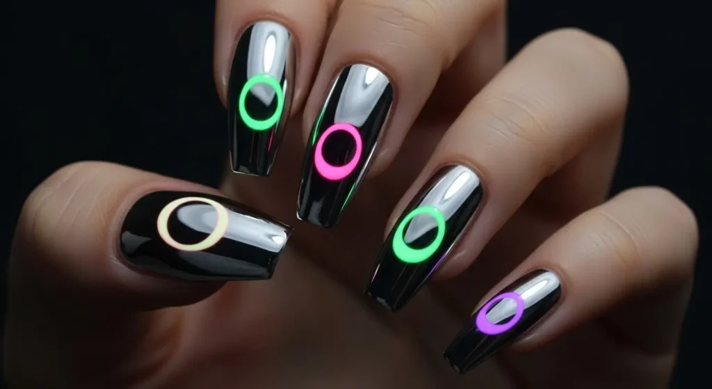 Summer Nail Art Ideas 2025: Bright and Bold Designs You’ll Want to Try This Season 7 Chrome aura nails with glowing neon centers — bold nail art trend 2025.