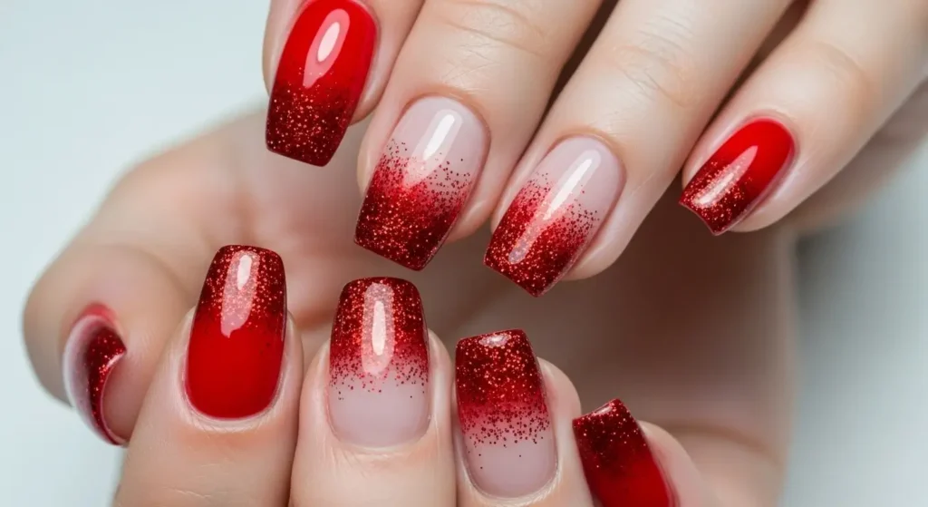 Trending Red Nail Designs for Summer 2025: Bold, Bright & Beautiful 9 Red glitter ombre nails — glamorous and sparkling summer style.