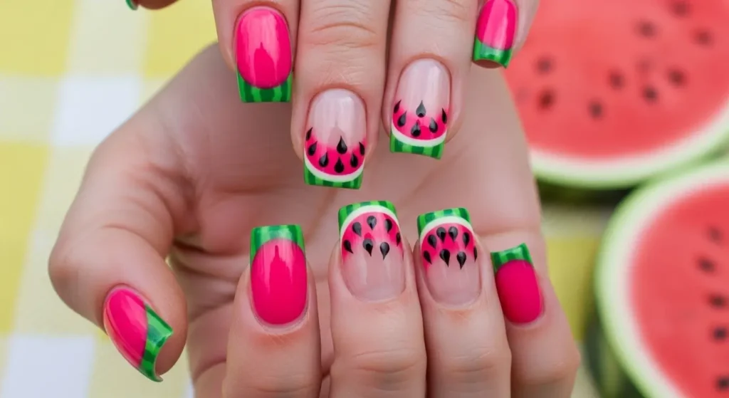 Summer Nail Art Ideas 2025: Bright and Bold Designs You’ll Want to Try This Season 1 Watermelon French tip nail design for summer — pink, green, and black fruity style.