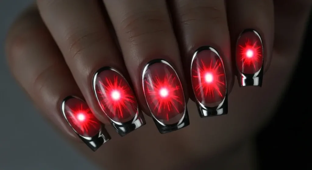 Trending Red Nail Designs for Summer 2025: Bold, Bright & Beautiful 6 Red aura nails with glowing gradient and chrome finish — futuristic manicure.