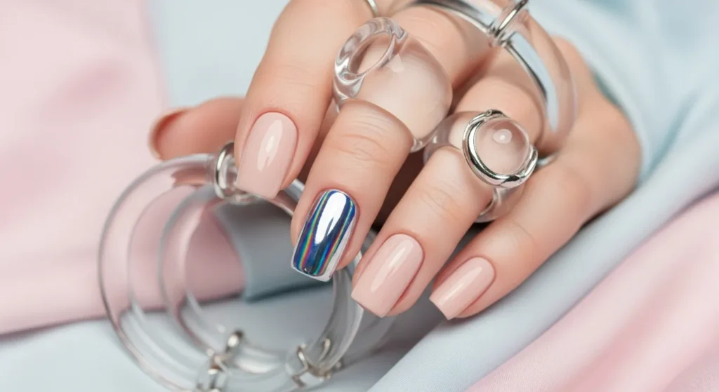 August Nails 2025: Stunning Late-Summer Looks to Try Now 9 Holographic accent nail on nude base—subtle shimmer for a futuristic August look.