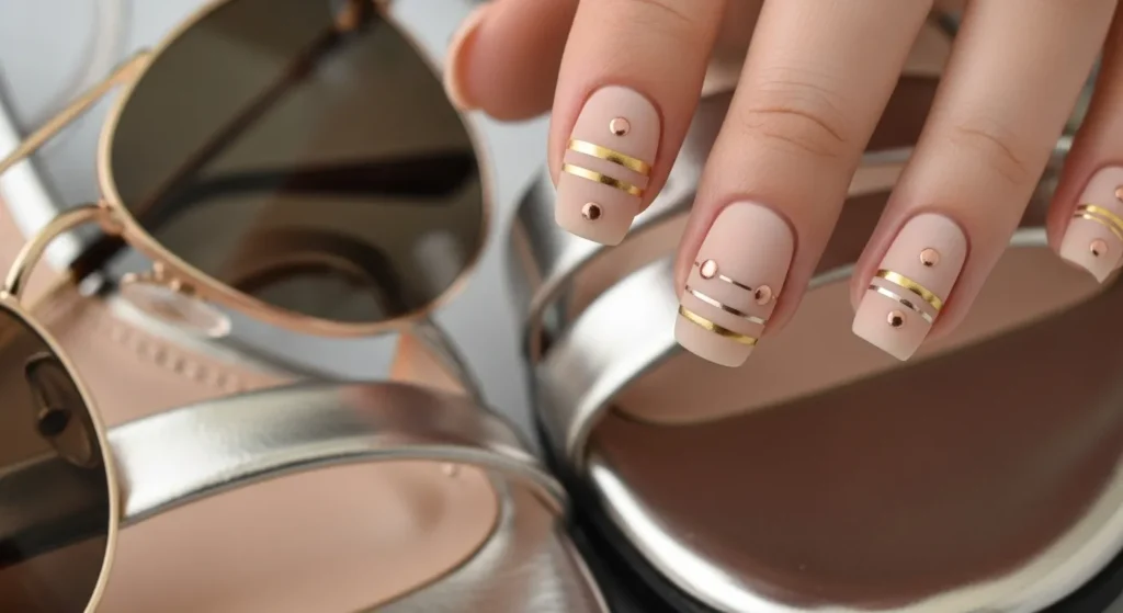 August Nails 2025: Stunning Late-Summer Looks to Try Now 4 August nail design in metallic minimalism—neutral base with rose gold accents.