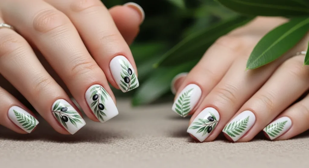 August Nails 2025: Stunning Late-Summer Looks to Try Now 8 Botanical nail art with earthy green linework—grounded and elegant for August 2025.