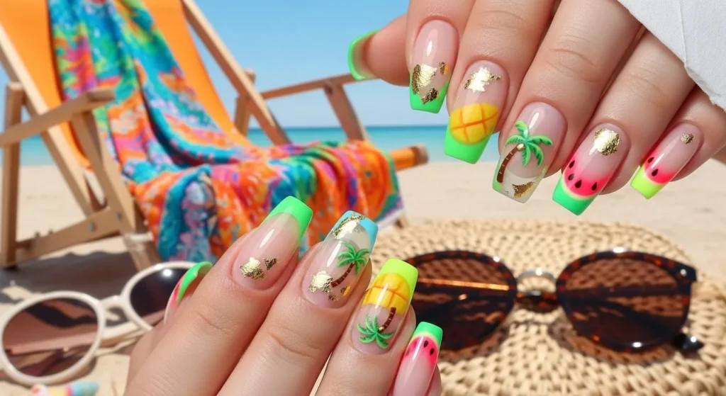 August Nails 2025: Stunning Late-Summer Looks to Try Now 3 Tropical French manicure with colorful tips and island-inspired accents for August nails 2025.