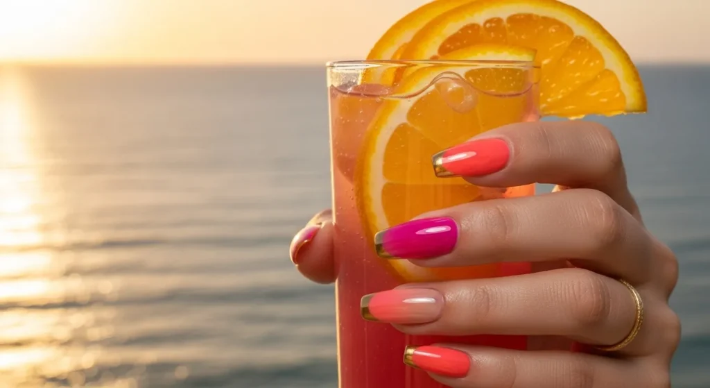 August Nails 2025: Stunning Late-Summer Looks to Try Now 2 Sunset gradient ombre nails in coral and fuchsia—perfect golden-hour look for August 2025.