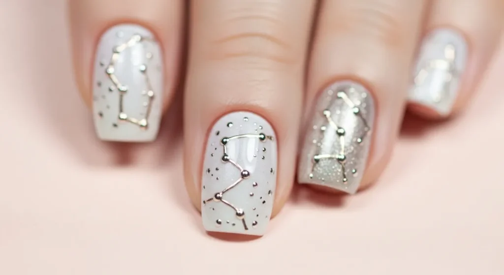 August Nails 2025: Stunning Late-Summer Looks to Try Now 10 Fine line nail art with constellation motifs—delicate detail for August 2025 nails.