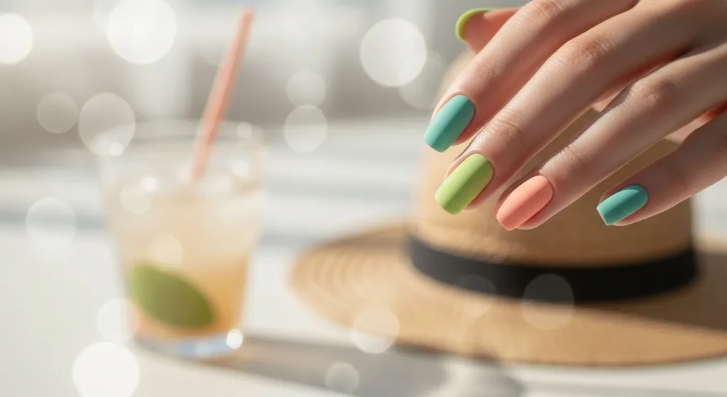 August Nails 2025: Stunning Late-Summer Looks to Try Now 6 Muted neon nails in faded summer tones—transitional look for August 2025.