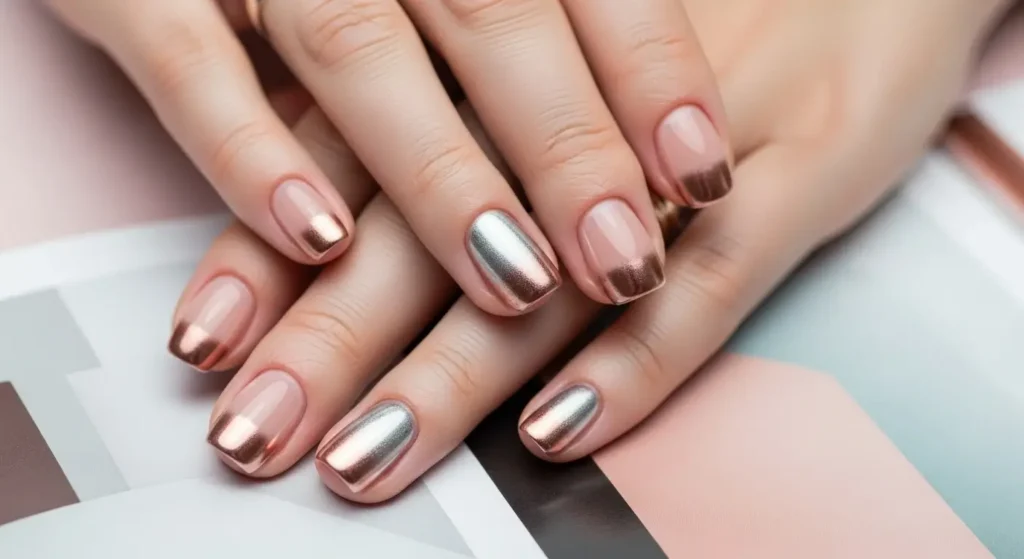 Ombre Nail Trends for Summer 2025: Soft Blends, Bold Statements 7 Chrome ombre tip nails on nude base — modern and minimal nail design for 2025.