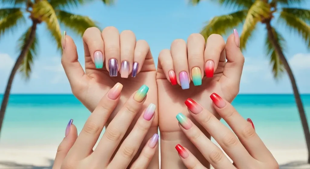 Ombre Nail Trends for Summer 2025: Soft Blends, Bold Statements 1 Hands with trendy ombre nail trends summer 2025, shown against a tropical background — bold and stylish nail inspiration.