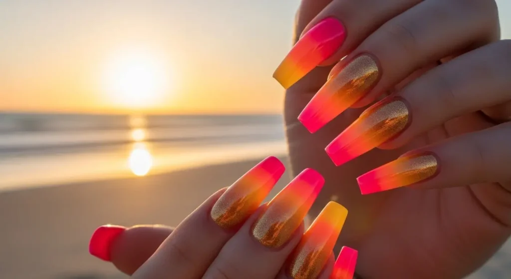 Ombre Nail Trends for Summer 2025: Soft Blends, Bold Statements 3 Sunset ombre nails with chrome finish — bold tropical-inspired summer design.