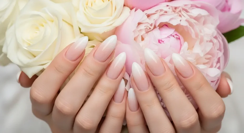 Ombre Nail Trends for Summer 2025: Soft Blends, Bold Statements 2 Nude-to-white ombre nails on almond-shaped hands — soft, timeless manicure style.