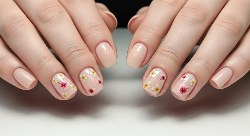 Hawaiian Flower Nail Art 2025: Tropical Designs for a Dreamy Summer 11 Minimalist accent nails with tiny Hawaiian flowers on nude short nails.