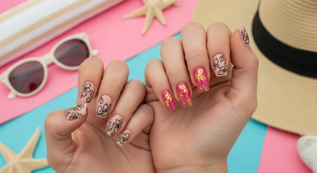 Hawaiian Flower Nail Art 2025: Tropical Designs for a Dreamy Summer 8 Monochrome tropical flower nail designs in black and gold over matte and jelly bases.