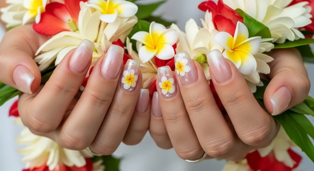 Hawaiian Flower Nail Art 2025: Tropical Designs for a Dreamy Summer 3 Plumeria flower nail art on nude jelly nails with soft yellow and white petals.