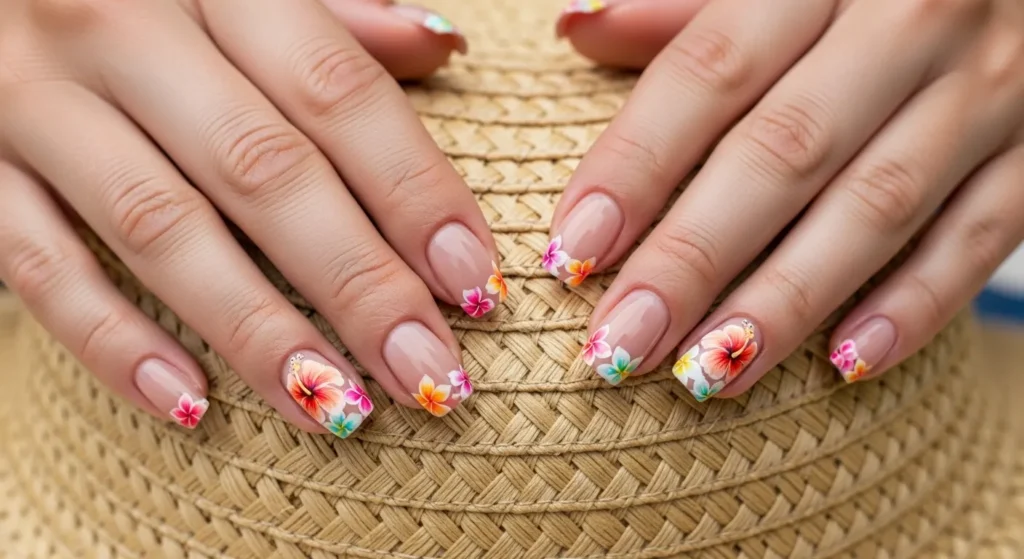Hawaiian Flower Nail Art 2025: Tropical Designs for a Dreamy Summer 6 Hawaiian flower French tip nails with hibiscus and plumeria on neutral bases.