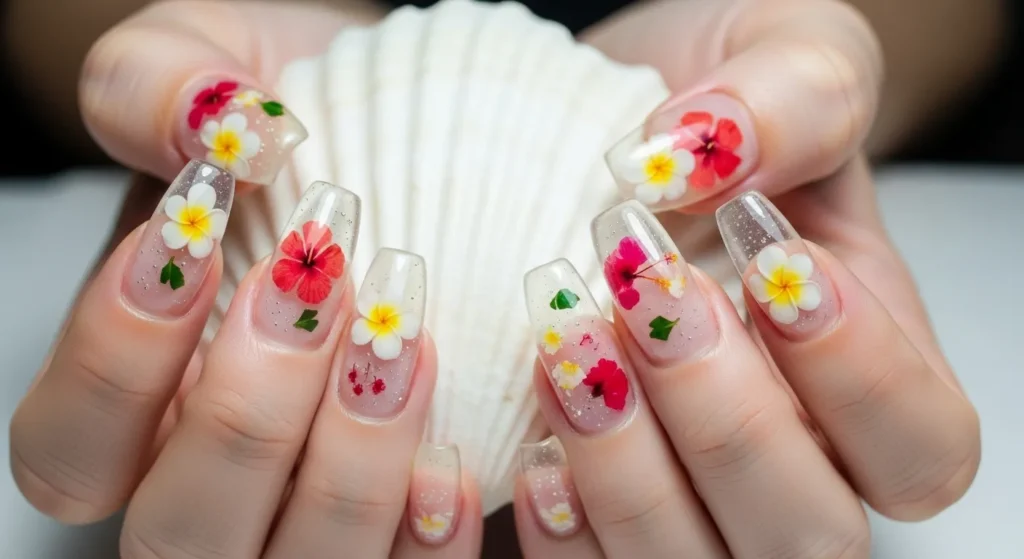 Hawaiian Flower Nail Art 2025: Tropical Designs for a Dreamy Summer 10 Floating flower petal nail art on clear jelly nails with high-gloss finish.