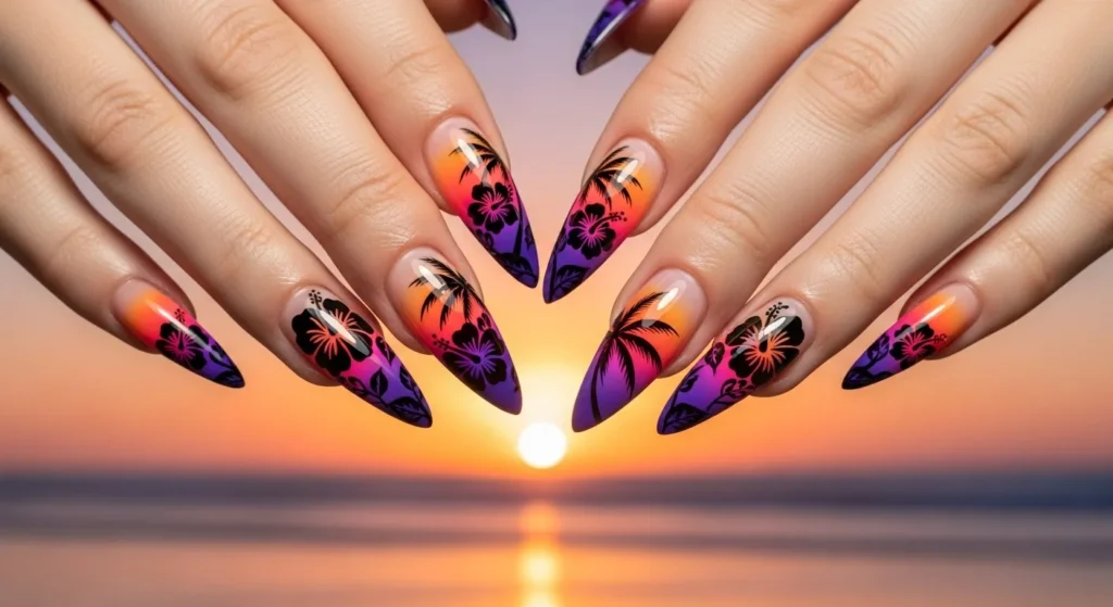 Hawaiian Flower Nail Art 2025: Tropical Designs for a Dreamy Summer 7 Sunset ombré nails with floral silhouettes inspired by Hawaiian sunsets.