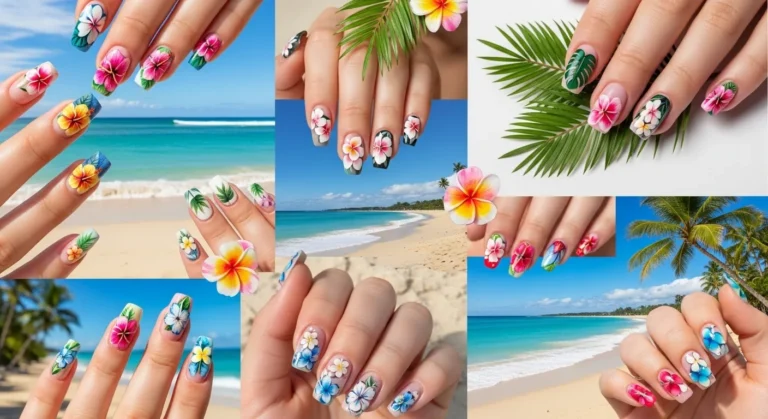 Collage of tropical Hawaiian flower nail art 2025 including hibiscus, plumeria, and palm leaf nails.