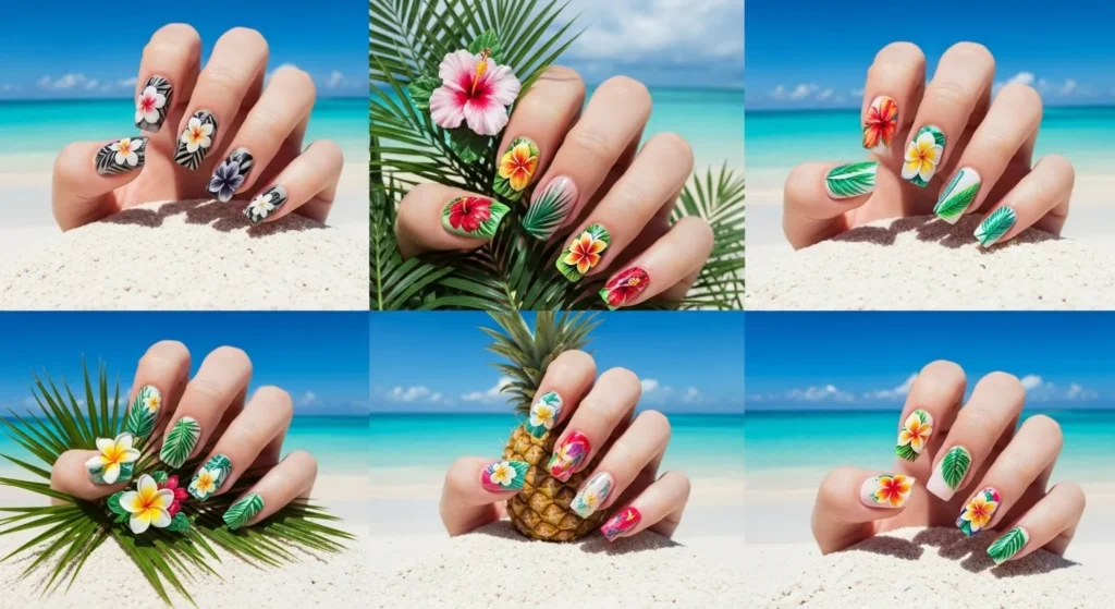 Hawaiian Flower Nail Art 2025: Tropical Designs for a Dreamy Summer 1 Collage of tropical Hawaiian flower nail art trends for 2025 including hibiscus, plumeria, and palm leaf nails.