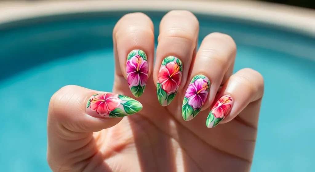 Hawaiian Flower Nail Art 2025: Tropical Designs for a Dreamy Summer 2 Hibiscus flower nail art with coral red and magenta blooms on almond and square nails.
