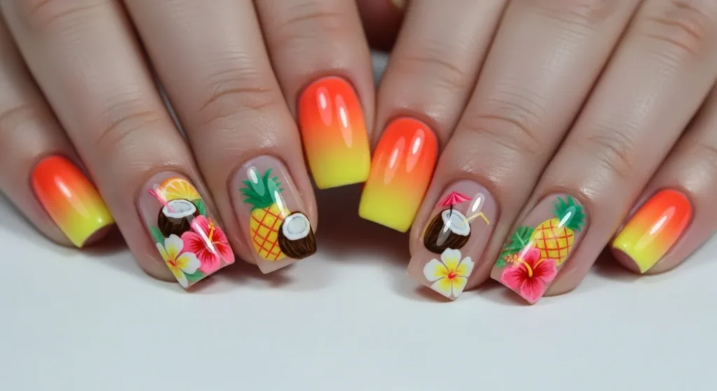 Hawaiian Flower Nail Art 2025: Tropical Designs for a Dreamy Summer 9 Hawaiian-themed fruit and flower fusion nail art with pineapples and hibiscus on citrus ombré nails.