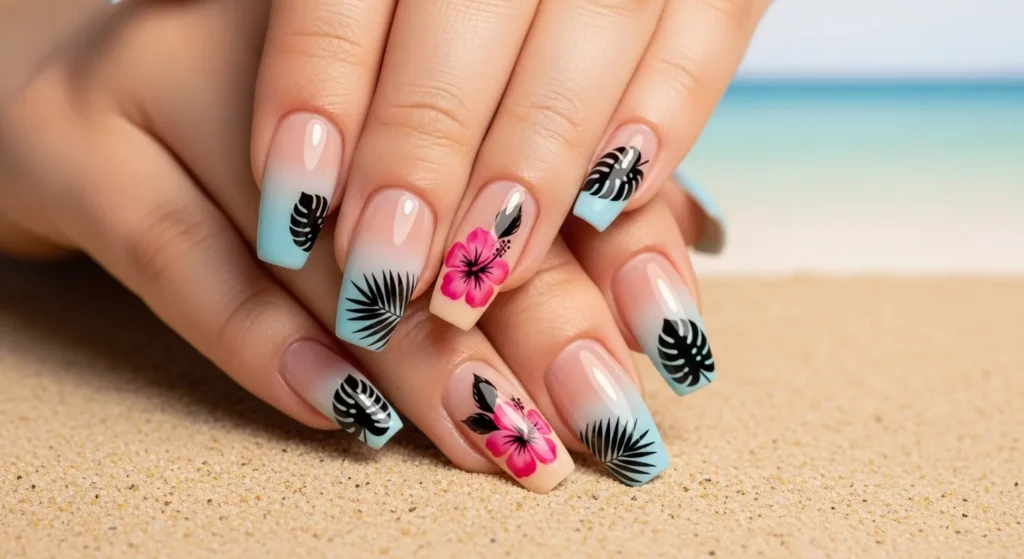 Hawaiian Flower Nail Art 2025: Tropical Designs for a Dreamy Summer 4 Tropical nail art with palm leaves and hibiscus flowers over a beachy gradient background.