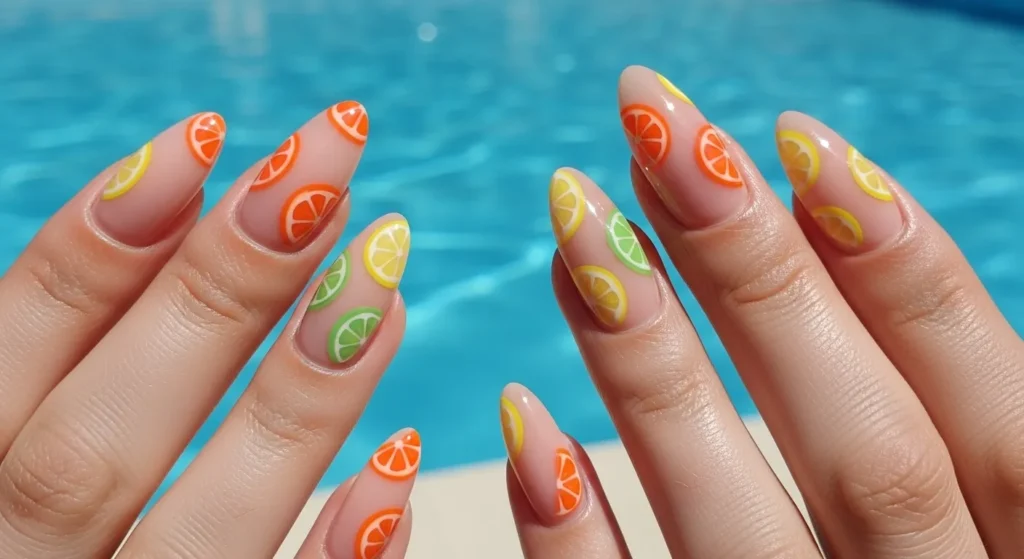 July Nails 2025 Style: Stunning Designs to Elevate Your Summer 2 Citrus splash nails with orange, lemon, and lime slice designs on almond-shaped nails in summer sunlight.