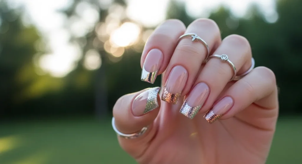 July Nails 2025 Style: Stunning Designs to Elevate Your Summer 3 Chrome-infused French tips on medium nude nails with rose gold and silver accents.