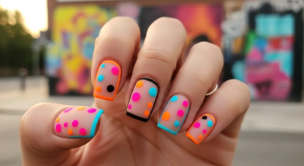 July Nails 2025 Style: Stunning Designs to Elevate Your Summer 5 Neon pop accent nails with bright pink, blue, and orange details on neutral matte nails.